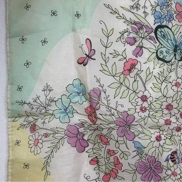 Vintage 60s square silk scarf garden floral butterflies painted hand rolled edge - Picture 15 of 16
